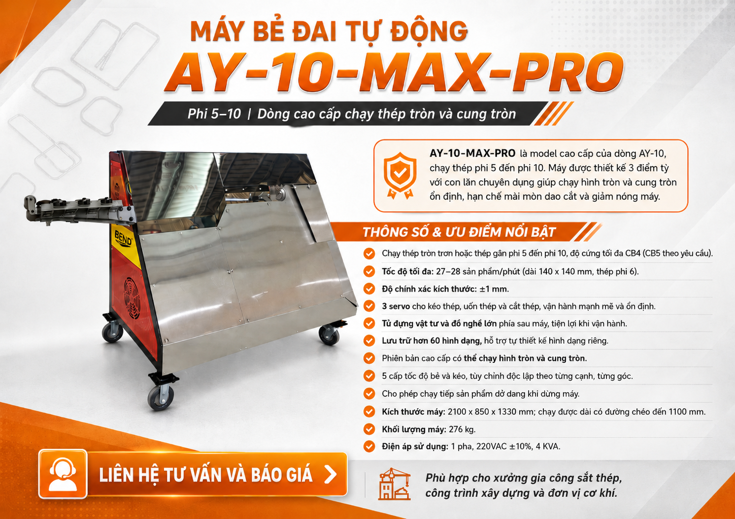 Máy bẻ đai tự động AY-10-MAX-PRO Φ5–Φ10 TMT BEND