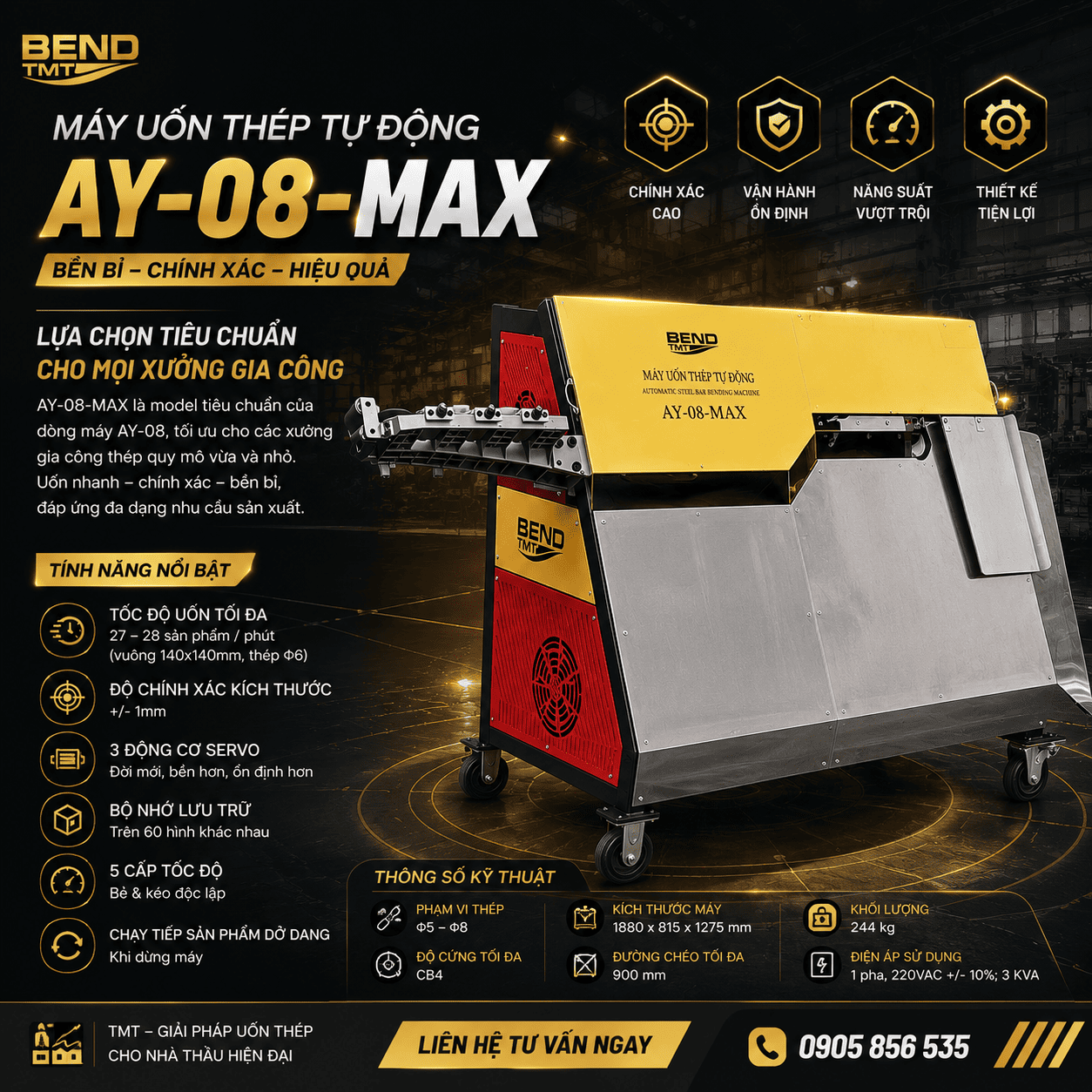 Máy bẻ đai tự động AY-08-MAX gia công thép Φ5–Φ8